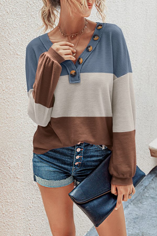 V Neck Button Raglan Sleeves Striped Blouse