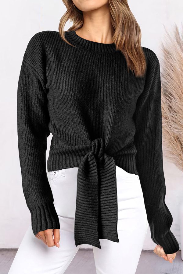 Tie Front Crew Neck Ribbed Pullover Tops Jumper