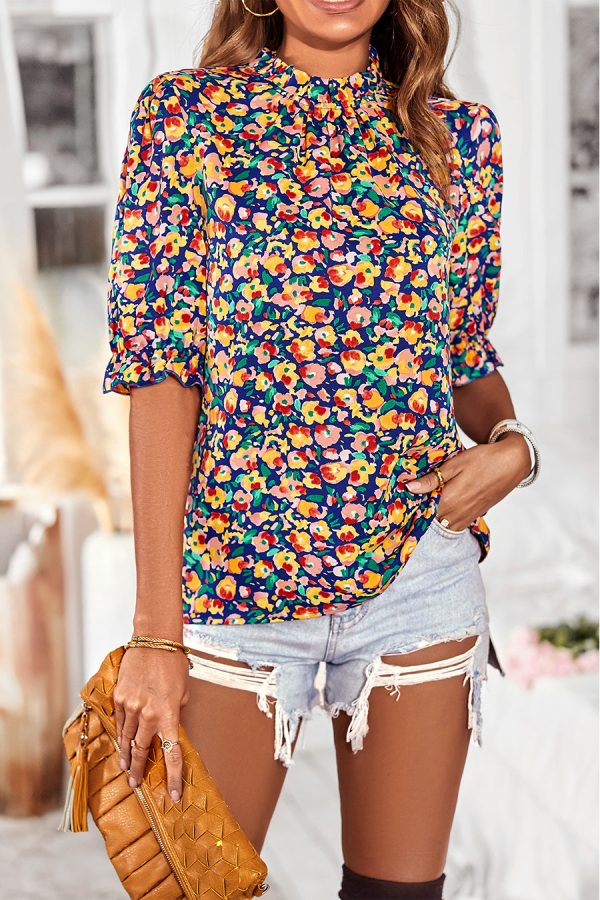 Mock Neck Colorful Floral Short Sleeve Top