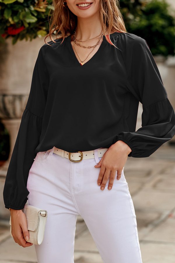 Black V Neck Oversized Chiffon Long Puff Sleeve Blouse