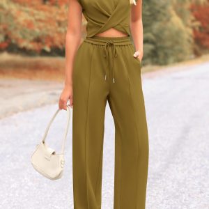 Summer Two Piece Outfits Tracksuit Twist Front Crop Tops T Shirts Wide Leg Pants Matching Lounge Sets