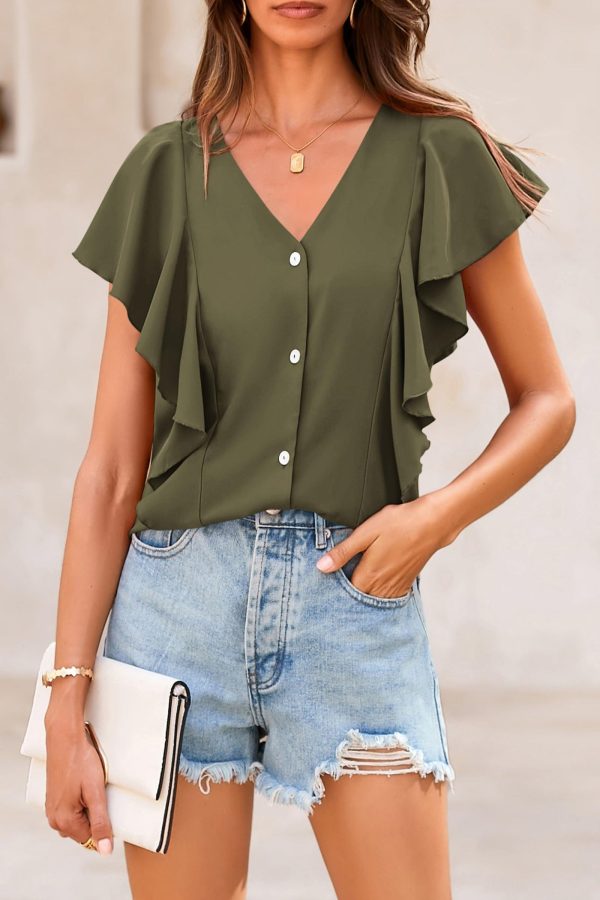 Summer Ruffle Cap Sleeve V Neck Loose Fit Tops