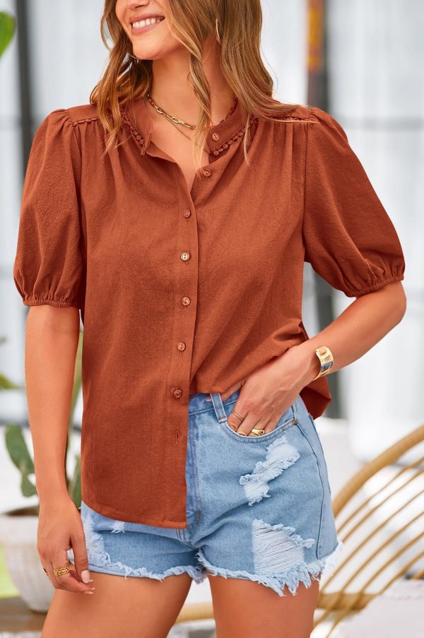 Summer Button Down Short Lantern Sleeve V Neck Cotton Tops