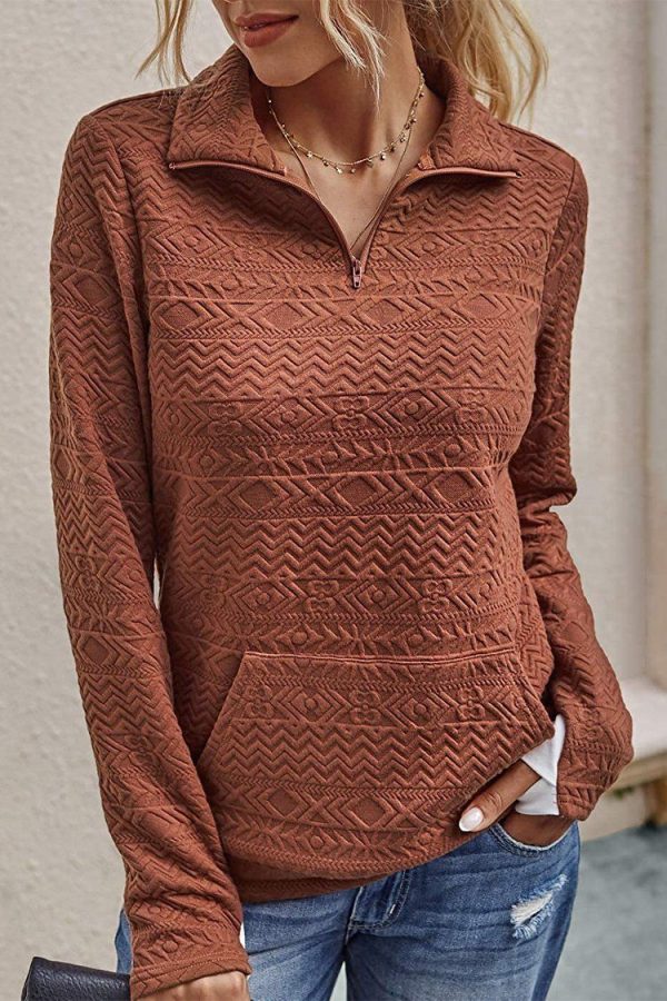 Quilted Pattern Quarter Zip Loose Sweatshirt with Pocket